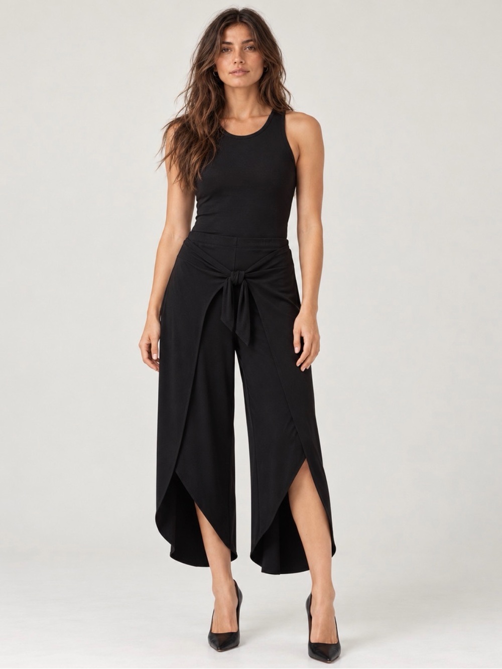 Joseph Ribkoff Black Petal Hem Tie-Front Wide Leg Pants Size 6